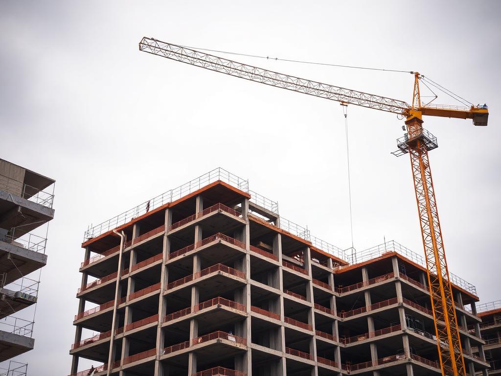 Edifício residencial em construção com estrutura de concreto armado de múltiplos pavimentos